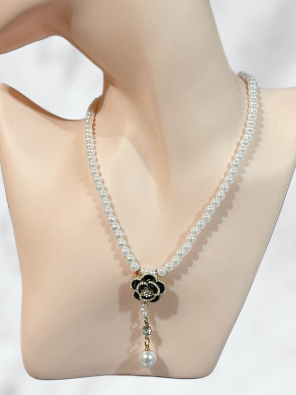 Pearl Necklace with Black & Gold Flower Pendant